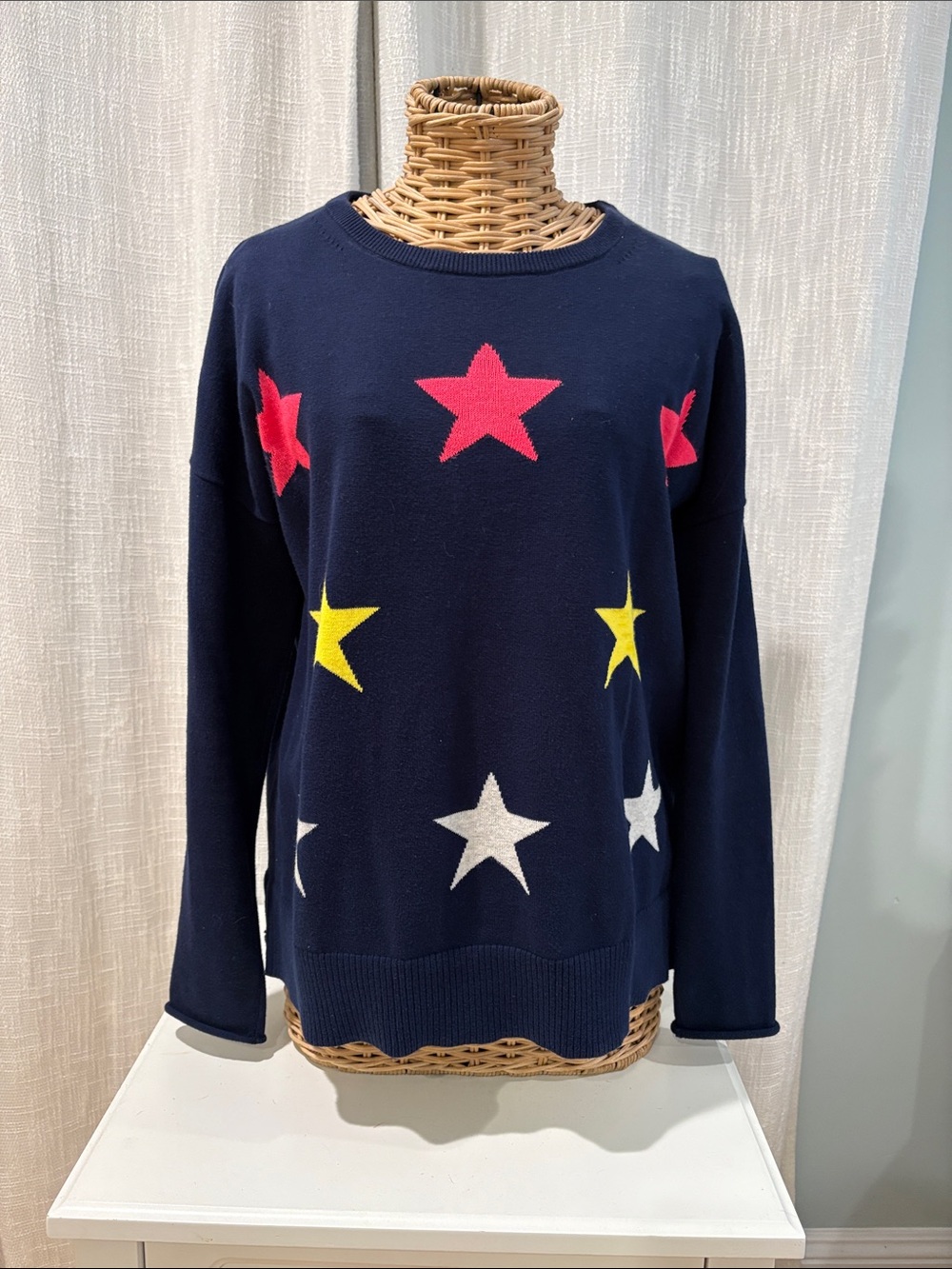 Lisa Todd Navy Crewneck Sweater with Pink, Yellow & White Stars